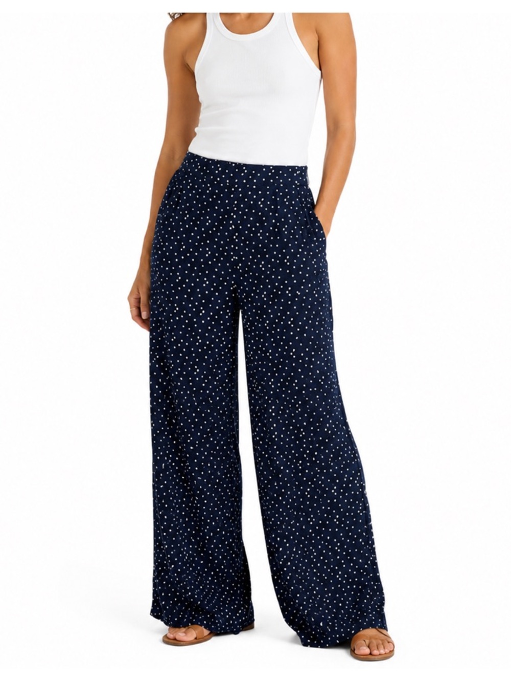 Wilfred Navy Polka Dot Palazzo Pants Women’s Medium Flowy Chiccore Summer